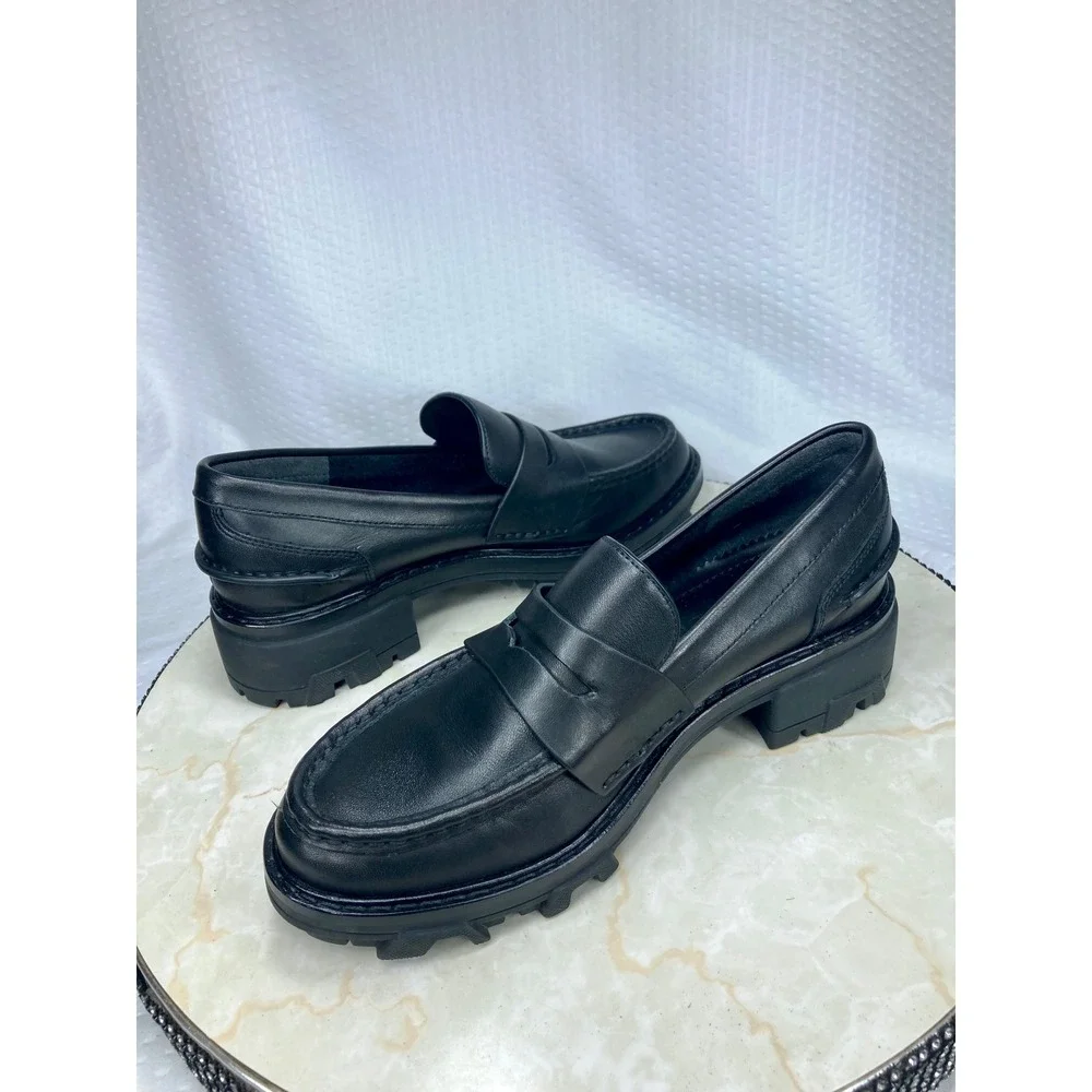Rag & Bone Corey Chunky Lug Sole Penny Loafers Women 7 Black Leather Comfy Shoes